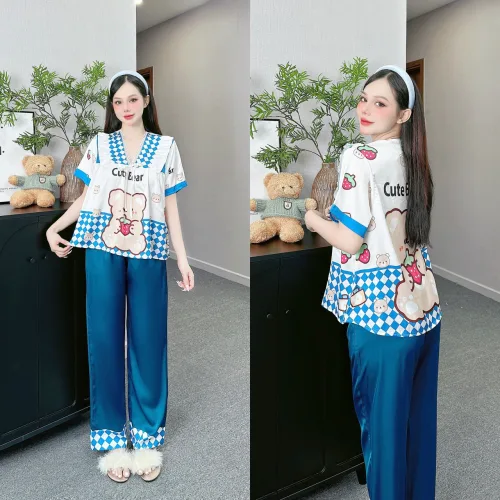 Đồ bộ pijama latin mặc nhà quần dài áo tay ngắn cổ chữ v in hình