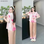 Đồ bộ pijama latin mặc nhà quần dài áo tay ngắn cổ chữ v in hình