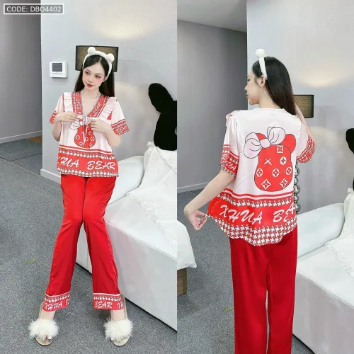 Đồ bộ pijama latin mặc nhà quần dài áo tay ngắn cổ chữ v in hình
