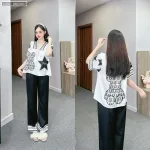 Đồ bộ pijama latin mặc nhà quần dài áo tay ngắn cổ chữ v in hình