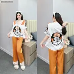 Đồ bộ pijama latin mặc nhà quần dài áo tay ngắn cổ chữ v in hình