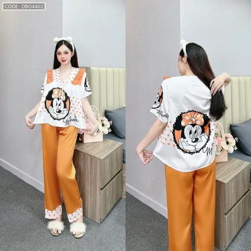 Đồ bộ pijama latin mặc nhà quần dài áo tay ngắn cổ chữ v in hình