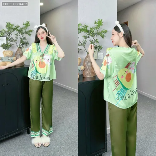 Đồ bộ pijama latin mặc nhà quần dài áo tay ngắn cổ chữ v in hình