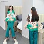 Đồ bộ pijama latin mặc nhà quần dài áo tay ngắn cổ chữ v in hình