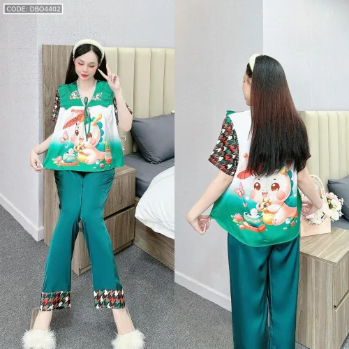 Đồ bộ pijama latin mặc nhà quần dài áo tay ngắn cổ chữ v in hình