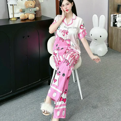 Đồ bộ pijama latin mặc nhà quần dài áo tay ngắn in nhiều hình dễ thương