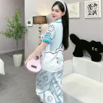 Đồ bộ pijama latin mặc nhà quần dài áo tay ngắn in nhiều hình dễ thương