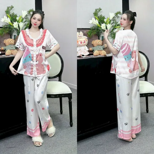Đồ bộ pijama latin quần dài áo tay ngắn cổ bèo in nhiều hình dễ thương