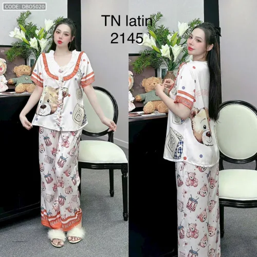 Đồ bộ pijama latin quần dài áo tay ngắn cổ bèo in nhiều hình dễ thương
