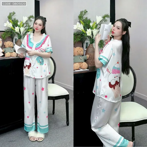 Đồ bộ pijama latin quần dài áo tay ngắn cổ bèo in nhiều hình dễ thương