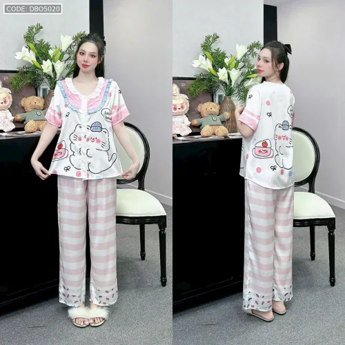 Đồ bộ pijama latin quần dài áo tay ngắn cổ bèo in nhiều hình dễ thương