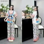 Đồ bộ pijama latin quần dài áo tay ngắn cổ bèo in nhiều hình dễ thương