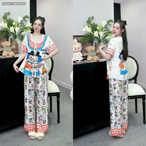 Đồ bộ pijama latin quần dài áo tay ngắn cổ bèo in nhiều hình dễ thương
