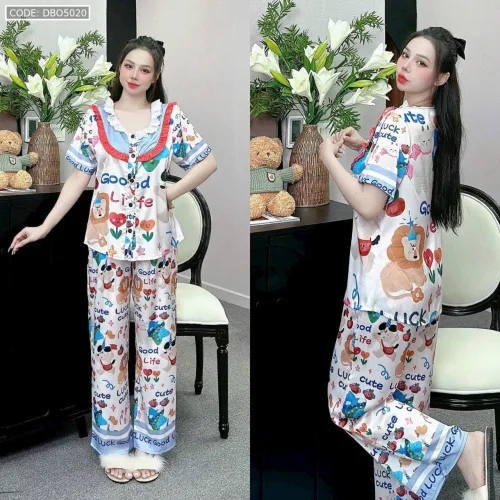Đồ bộ pijama latin quần dài áo tay ngắn cổ bèo in nhiều hình dễ thương