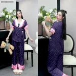 Đồ bộ pijama latin quần dài áo tay ngắn cổ bèo in nhiều hình dễ thương