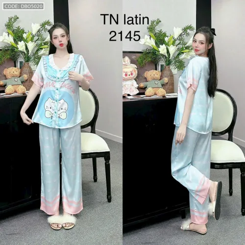 Đồ bộ pijama latin quần dài áo tay ngắn cổ bèo in nhiều hình dễ thương