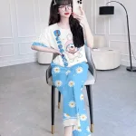 Đồ bộ pijama quần dài áo tay cổ tròn in hình