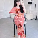 Đồ bộ pijama quần dài áo tay cổ tròn in hình
