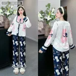 Đồ bộ pijama quần dài áo tay dài bèo cổ vuông ren in họa tiết