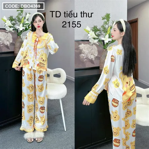 Đồ bộ pijama quần dài áo tay dài bèo cổ vuông ren in họa tiết