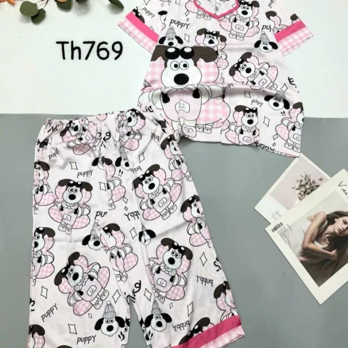 Đồ bộ pijama siêu mát quần lửng áo tay ngắn in hình thú