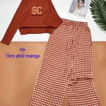 Đồ bộ quần caro dài áo tay dài tăm phối mango
