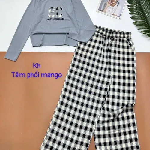 Đồ bộ quần caro dài áo tay dài tăm phối mango