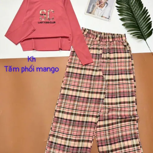 Đồ bộ quần caro dài áo tay dài tăm phối mango