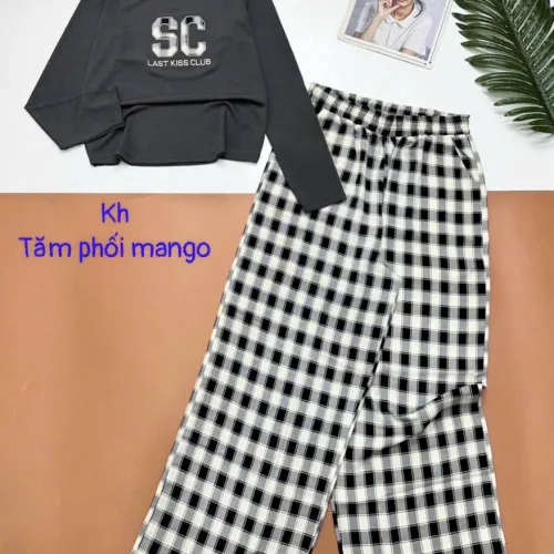 Đồ bộ quần caro dài áo tay dài tăm phối mango