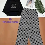 Đồ bộ quần caro dài áo tay dài tăm phối mango