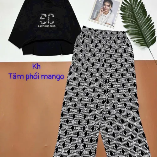 Đồ bộ quần caro dài áo tay dài tăm phối mango