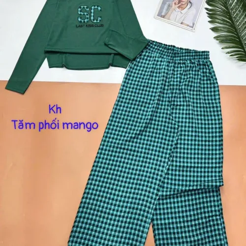 Đồ bộ quần caro dài áo tay dài tăm phối mango