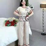 Đồ bộ quần dài áo cổ tròn tay ngắn in nhiều hoạ tiết