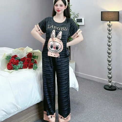 Đồ bộ quần dài áo cổ tròn tay ngắn in nhiều hoạ tiết