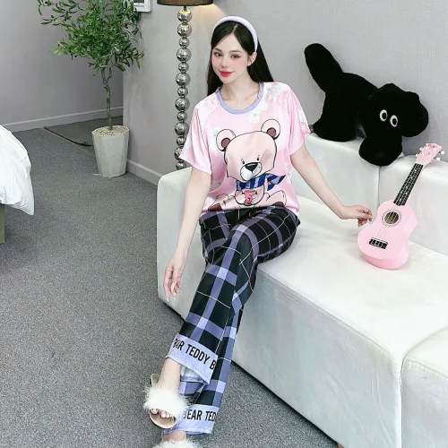 Đồ bộ quần dài áo cổ tròn tay ngắn in nhiều hoạ tiết