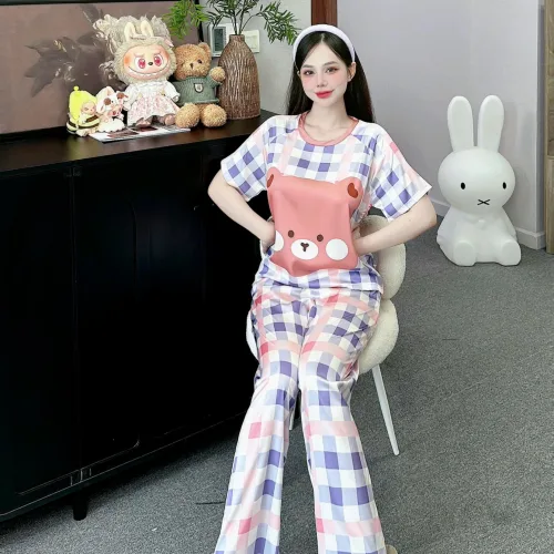 Đồ bộ quần dài áo cổ tròn tay ngắn in nhiều hoạ tiết
