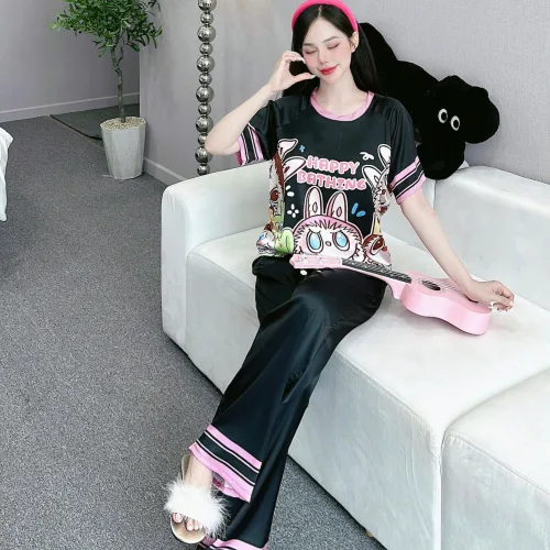 Đồ bộ quần dài áo cổ tròn tay ngắn in nhiều hoạ tiết