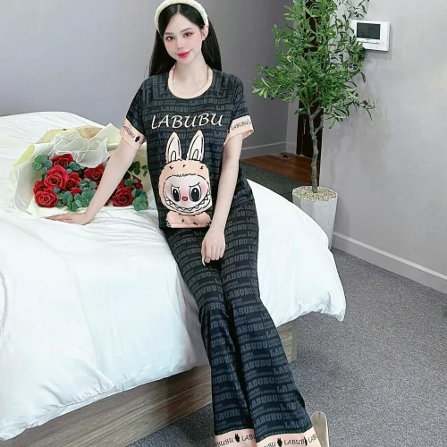 Đồ bộ quần dài áo cổ tròn tay ngắn in nhiều hoạ tiết