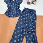 Đồ bộ quần dài áo sát nách bèo cổ sơ mi có nút nhiều hoạ tiết