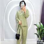 Đồ bộ quần dài áo tay dài bèo cổ bèo nơ caro ô