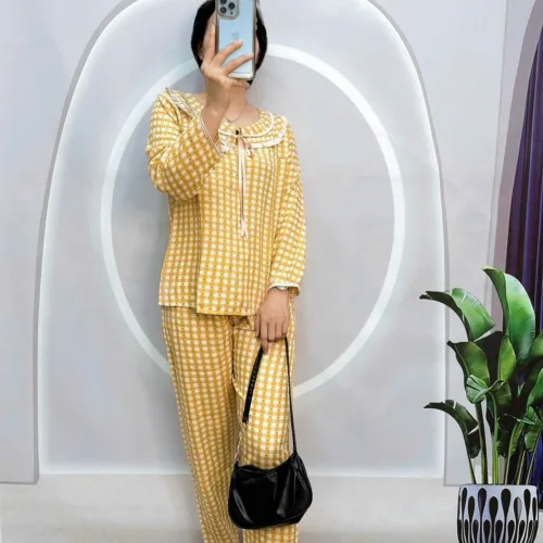 Đồ bộ quần dài áo tay dài bèo cổ bèo nơ caro ô