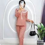 Đồ bộ quần dài áo tay dài bèo cổ bèo nơ caro ô