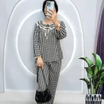 Đồ bộ quần dài áo tay dài bèo cổ bèo nơ caro ô
