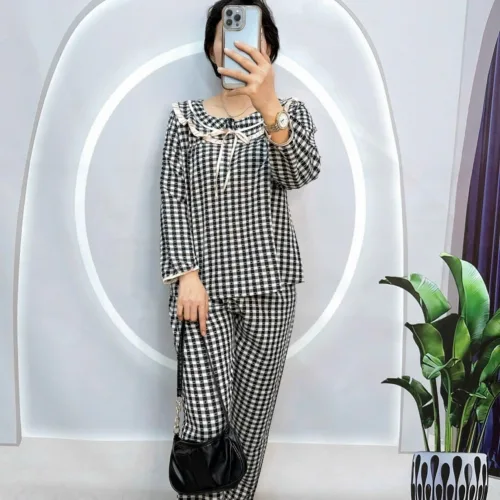 Đồ bộ quần dài áo tay dài bèo cổ bèo nơ caro ô