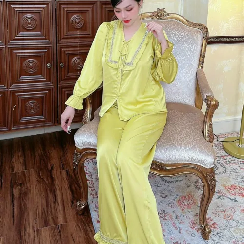 Đồ bộ quần dài áo tay dài bèo cổ v bèo vuông nơ màu trơn