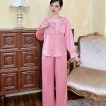 Đồ bộ quần dài áo tay dài bèo cổ v bèo vuông nơ màu trơn