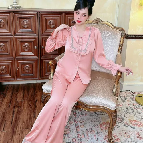 Đồ bộ quần dài áo tay dài bèo cổ v bèo vuông nơ màu trơn
