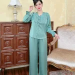Đồ bộ quần dài áo tay dài bèo cổ v bèo vuông nơ màu trơn