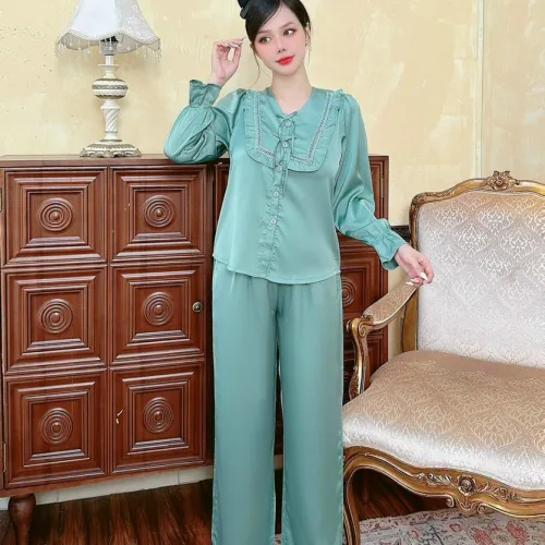 Đồ bộ quần dài áo tay dài bèo cổ v bèo vuông nơ màu trơn