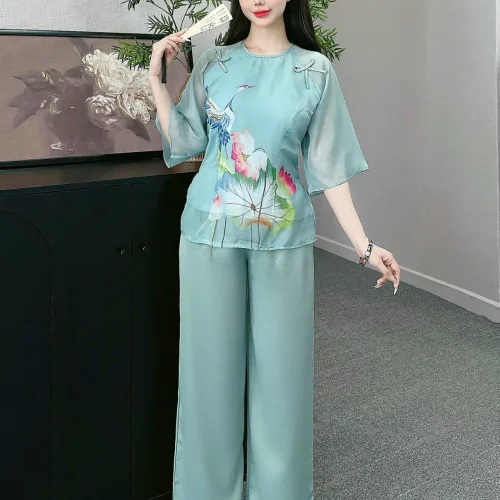 Đồ bộ quần dài áo tay lỡ in hình nhiều hoa sen khác nhau